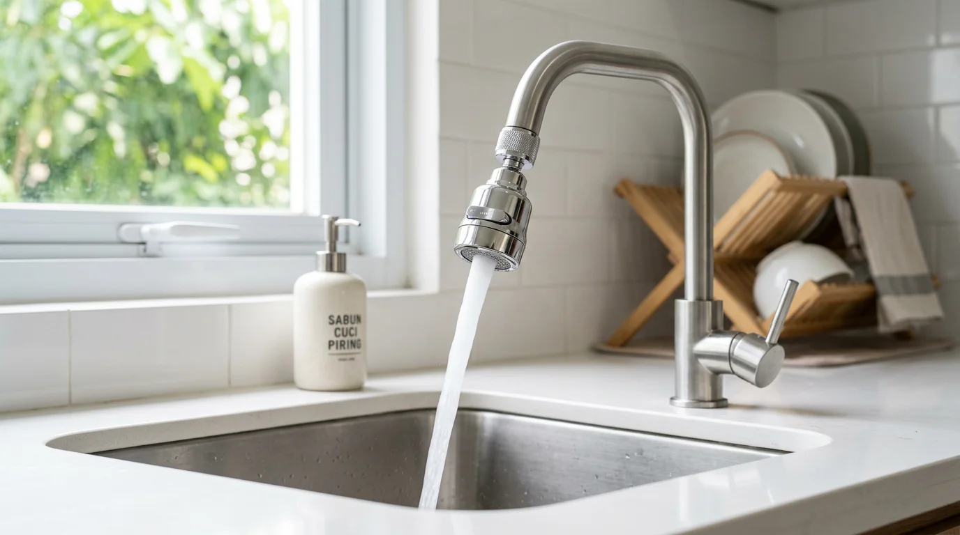 Aerator keran air dipasang di ujung keran untuk menghemat konsumsi air rumah tangga hingga 50 persen