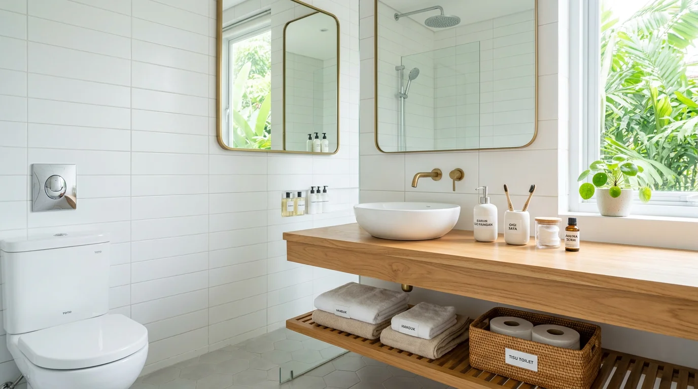 Koleksi aksesoris kamar mandi minimalis termasuk soap dispenser, tempat sabun, dan sikat mandi tertata rapi di atas wastafel putih