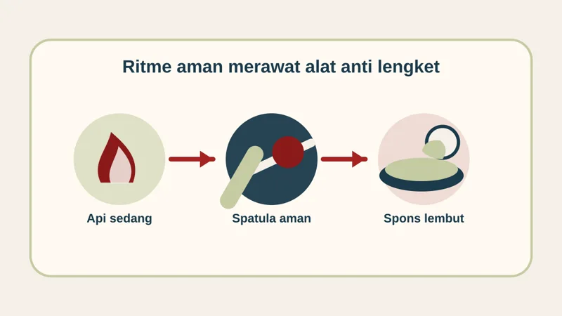 Ilustrasi cara merawat alat dapur anti lengket dengan api sedang, spatula silikon, dan spons lembut