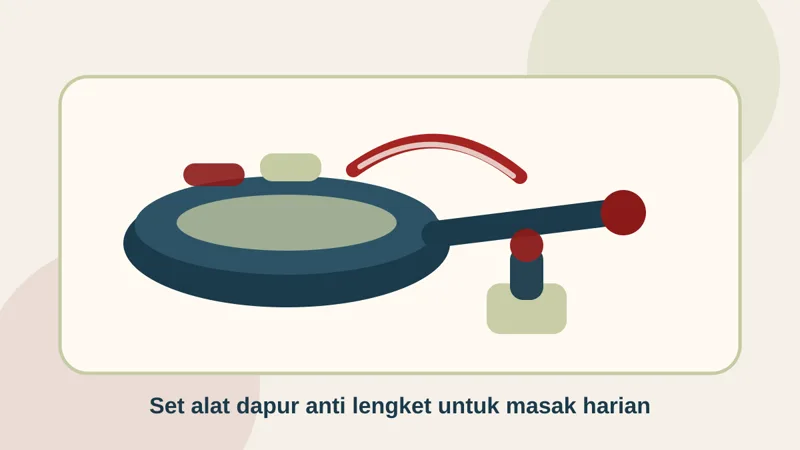 Ilustrasi set alat dapur anti lengket untuk masak harian berisi wajan, panci, spatula, oil pot, dan lap microfiber