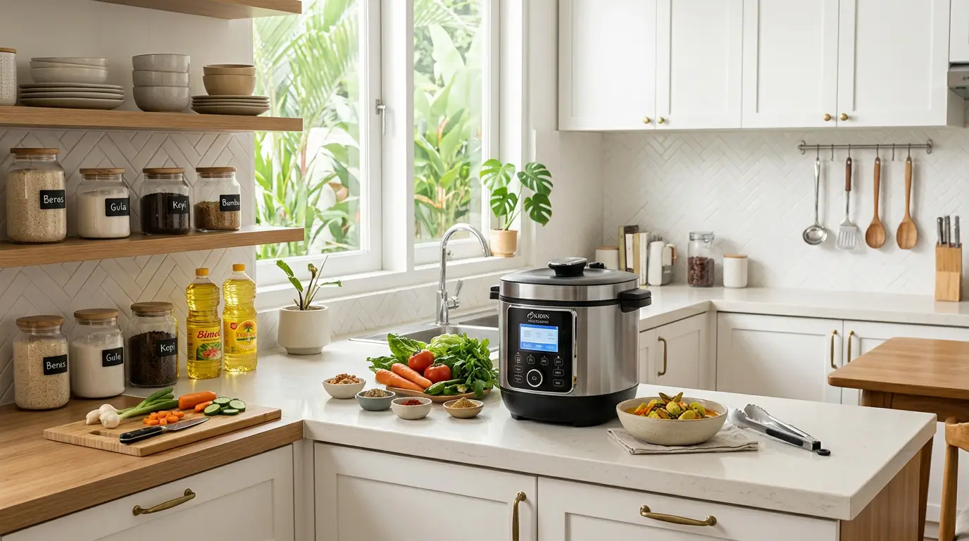 Berbagai alat dapur multifungsi tertata rapi di atas meja dapur modern dengan latar belakang bersih