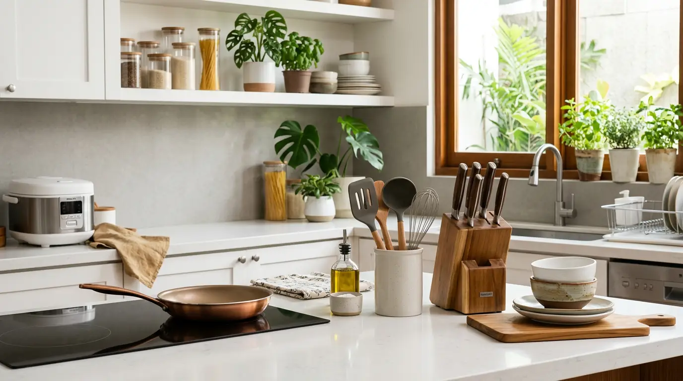 Pasangan pengantin baru bahagia sedang memasak di dapur dengan peralatan lengkap dari Muraah