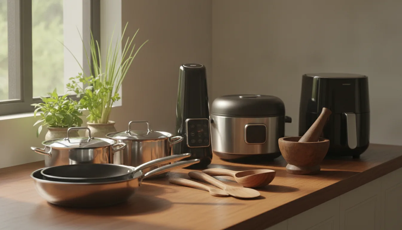 Dapur modern terasa lebih lengkap dengan beragam alat masak dapur yang fungsional dan estetis.