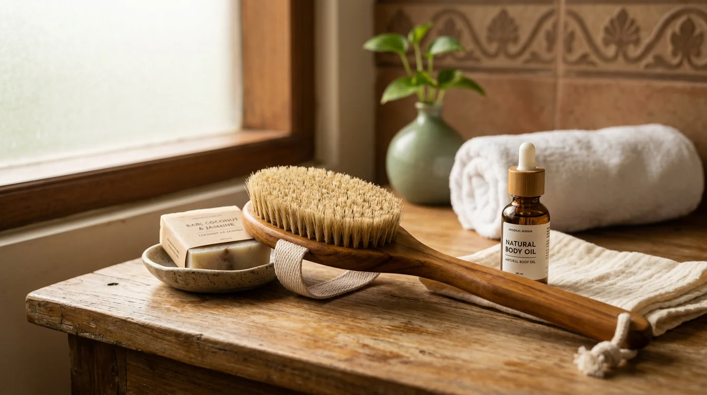 Body brush dengan bulu alami untuk dry brushing diletakkan di atas handuk putih bersih