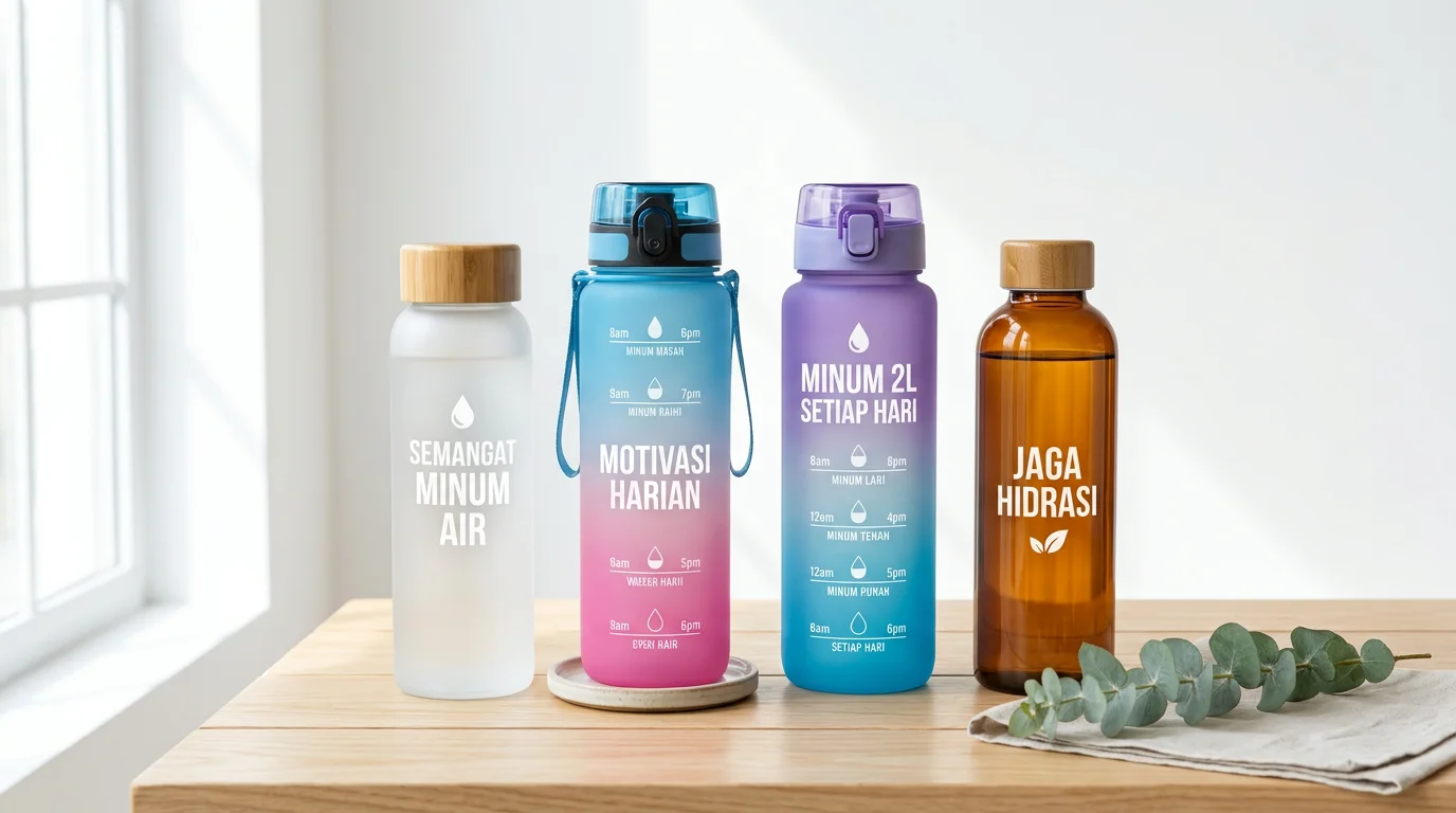 Koleksi botol minum aesthetic berbagai warna dan material diletakkan di atas meja kayu dengan tanaman hijau sebagai latar