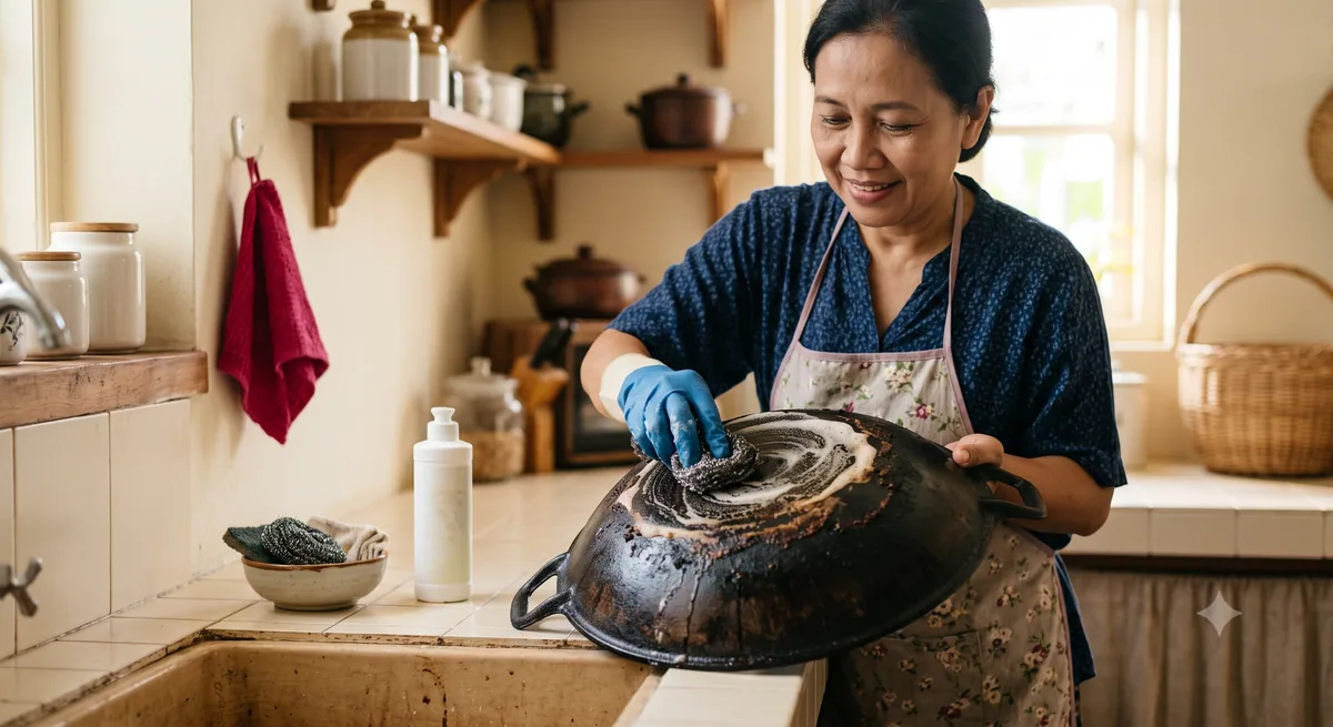 Membersihkan Kerak Wajan Membandel dengan Produk Khusus