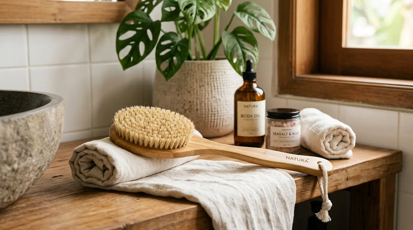 Wanita melakukan dry brushing pada lengan dengan sikat bulu alami menggunakan gerakan ke arah jantung