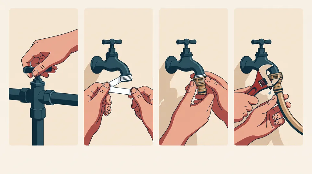 Ilustrasi empat langkah memasang sambungan keran: menutup kran utama, melilit seal tape, memasang sambungan dengan tangan, dan mengencangkan dengan kunci inggris