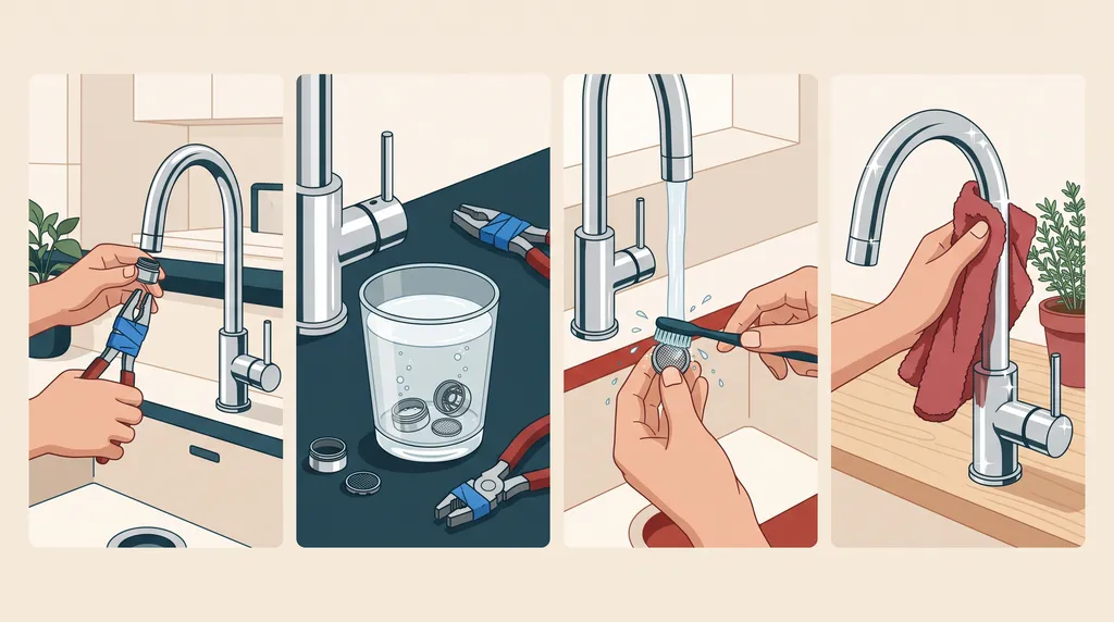 Ilustrasi empat langkah membersihkan keran air: melepas aerator dengan tang berlapis lakban, merendam di cuka, menyikat saringan, dan mengelap keran