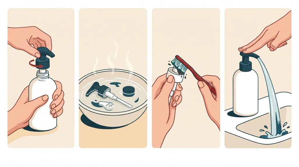 Ilustrasi empat langkah membersihkan pompa soap dispenser: melepas pompa, merendam, menyikat nozzle, dan menguji aliran air