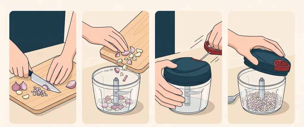 Ilustrasi empat langkah memakai capsule cutter: memotong bawang, memasukkan ke mangkuk, menarik tali, dan membuka tutup berisi bawang cincang