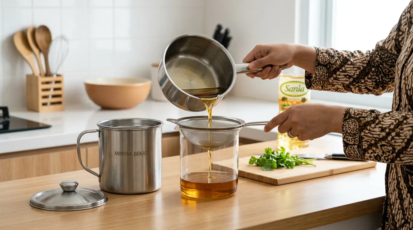 Cara menyaring minyak goreng bekas agar bersih dan aman menggunakan oil pot dan saringan di dapur
