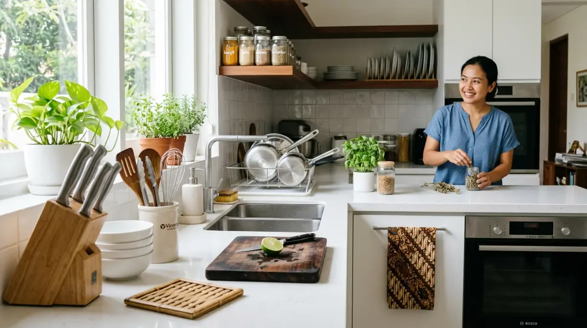 Berbagai peralatan dapur yang terawat rapi di atas meja dapur modern