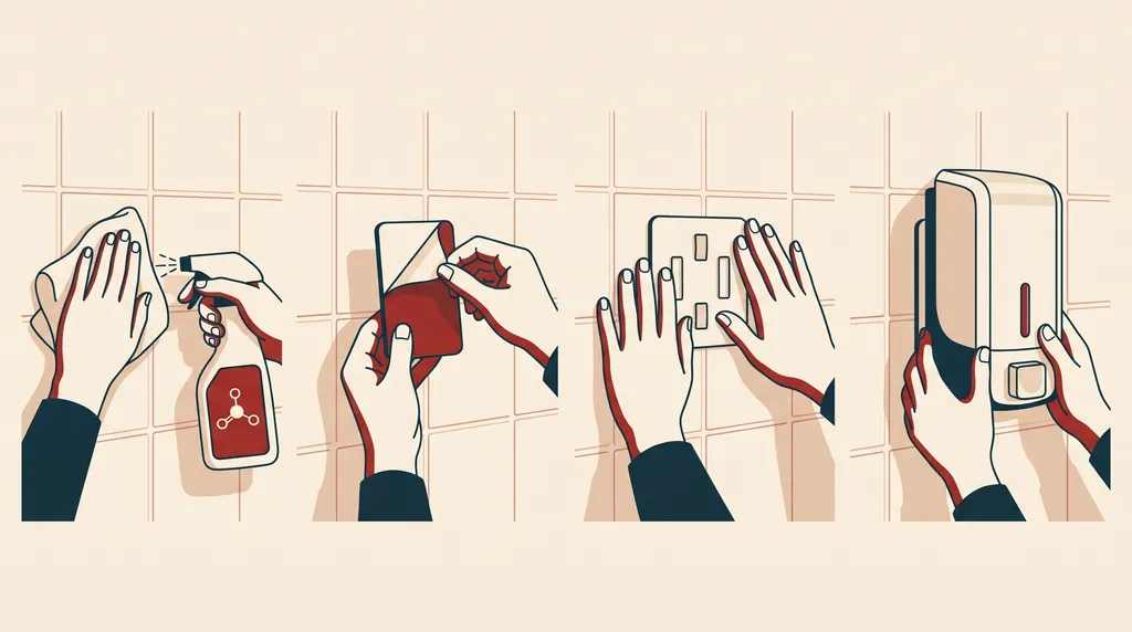 Ilustrasi empat langkah memasang soap dispenser dinding tanpa bor: membersihkan keramik, melepas liner perekat, menekan pelat, dan menggantung dispenser