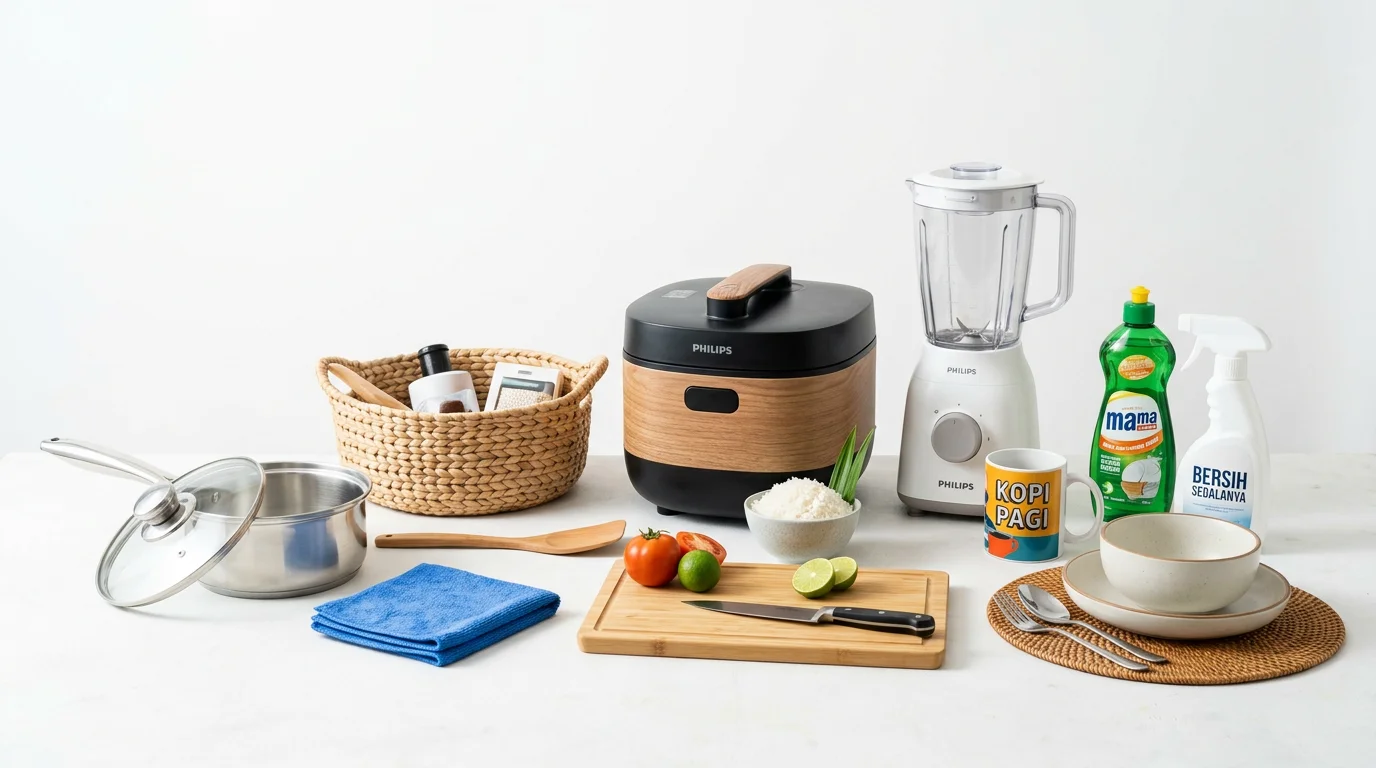 Seorang wanita muda sedang mengoperasikan laptop dengan beberapa alat rumah tangga modern di sekitarnya, melambangkan bisnis dropship alat rumah tangga yang sukses.