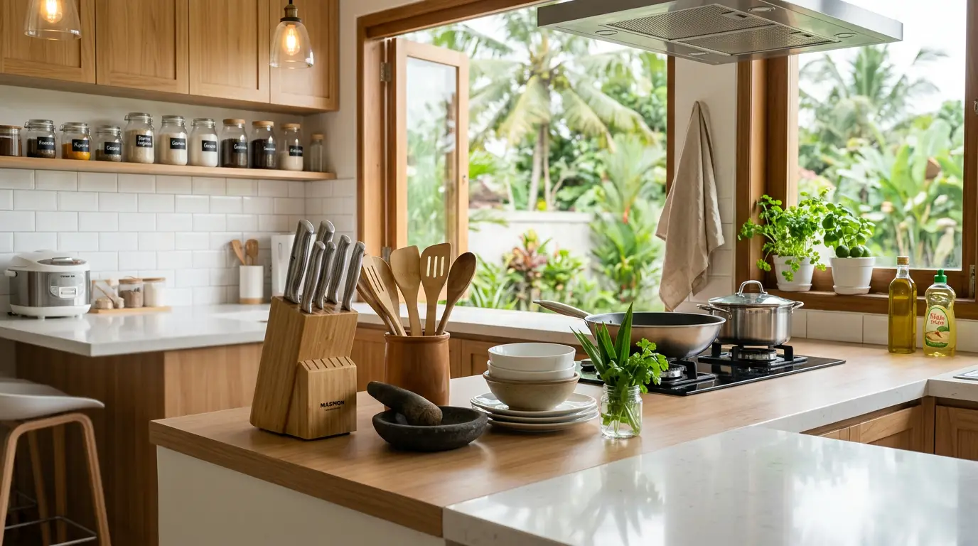 Berbagai peralatan dapur esensial seperti panci, wajan, pisau, dan spatula tertata rapi di konter dapur modern