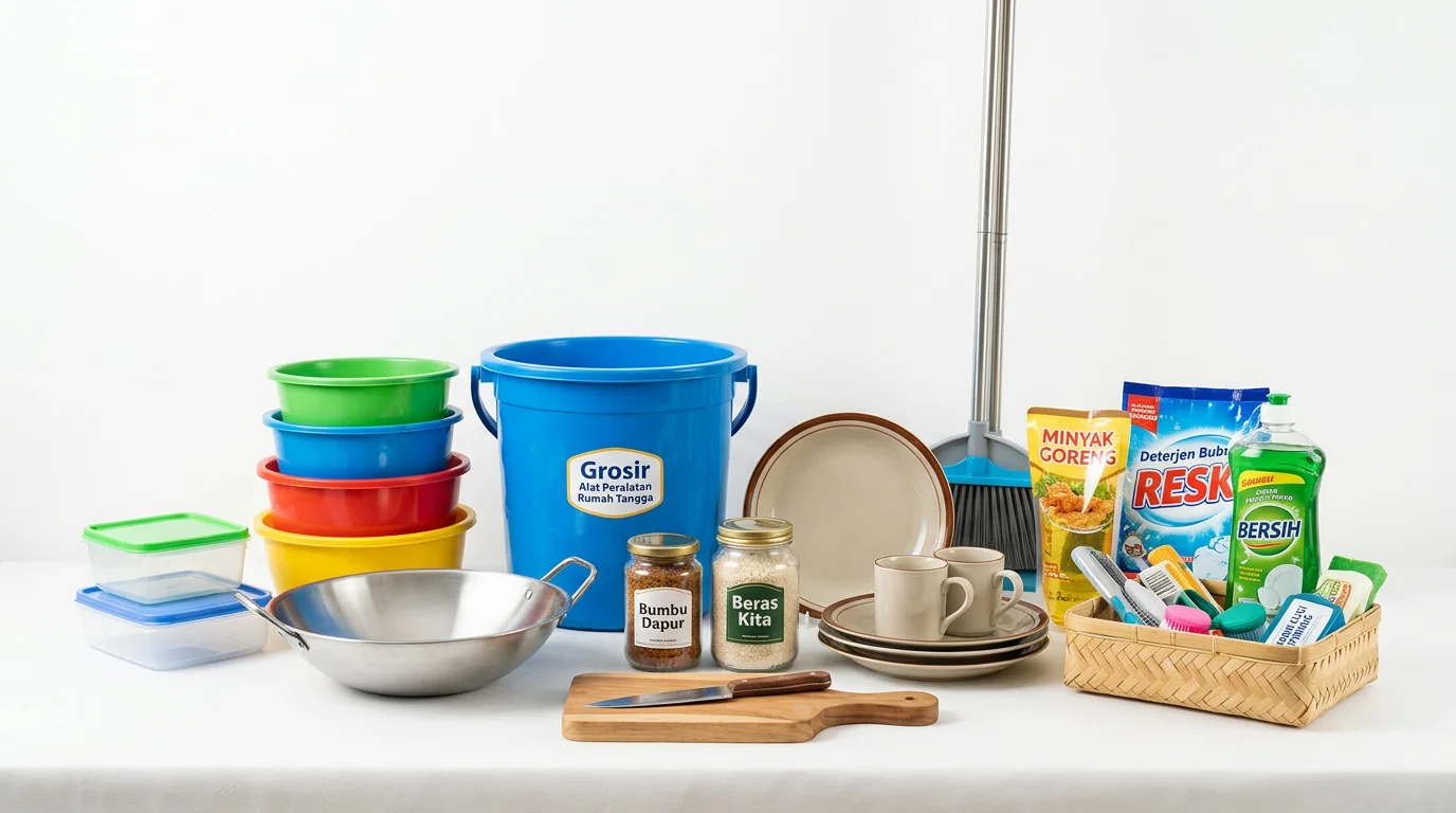 Tumpukan berbagai peralatan rumah tangga seperti panci, wajan, alat kebersihan, dan dekorasi, menunjukkan konsep grosir yang efisien dan hemat biaya.