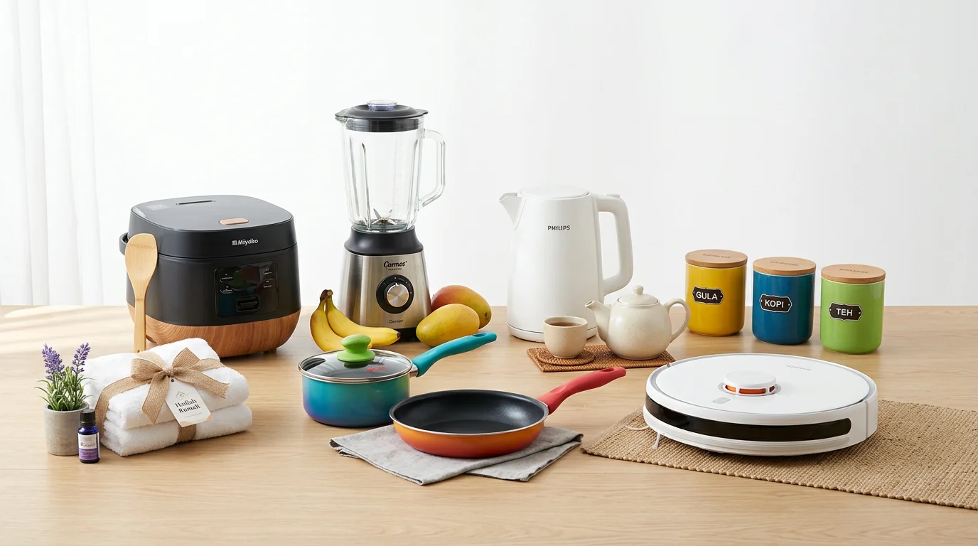 Koleksi ide hadiah peralatan rumah tangga untuk pengantin baru tersusun rapi dalam keranjang cantik