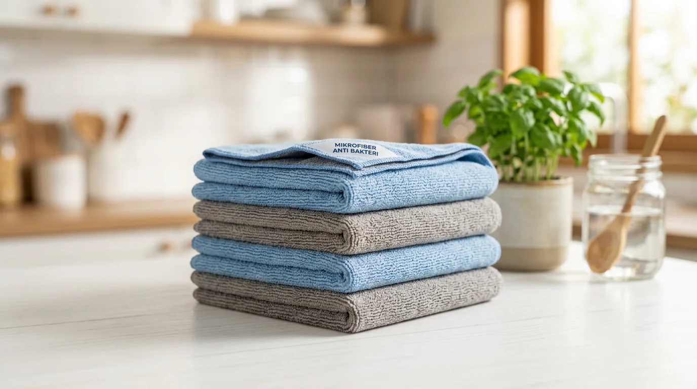 Kain lap dapur anti bakteri berwarna cerah digunakan untuk membersihkan countertop dapur dengan aman dan higienis