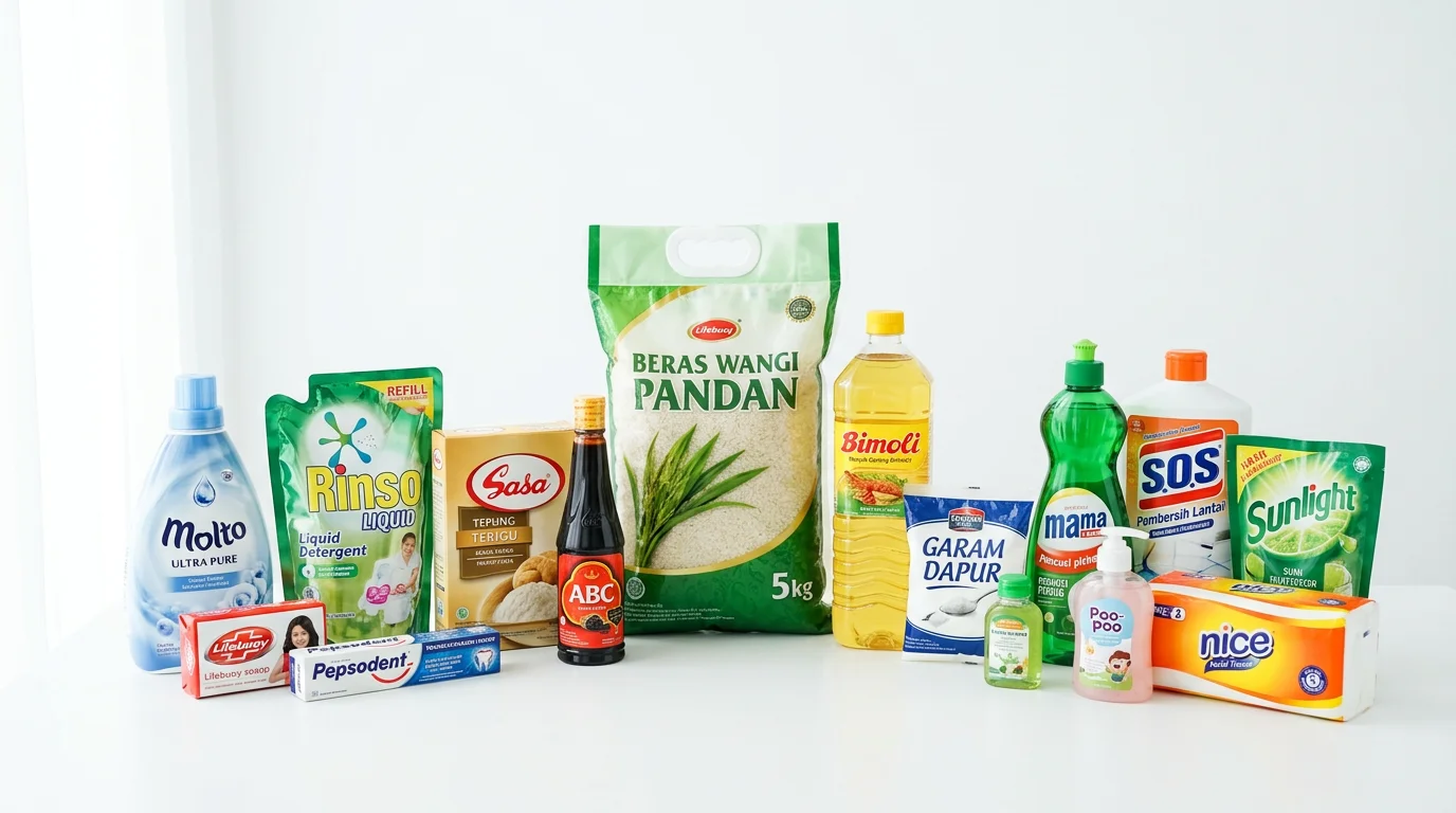 Daftar kebutuhan rumah tangga bulanan lengkap tersusun rapi di atas meja dapur