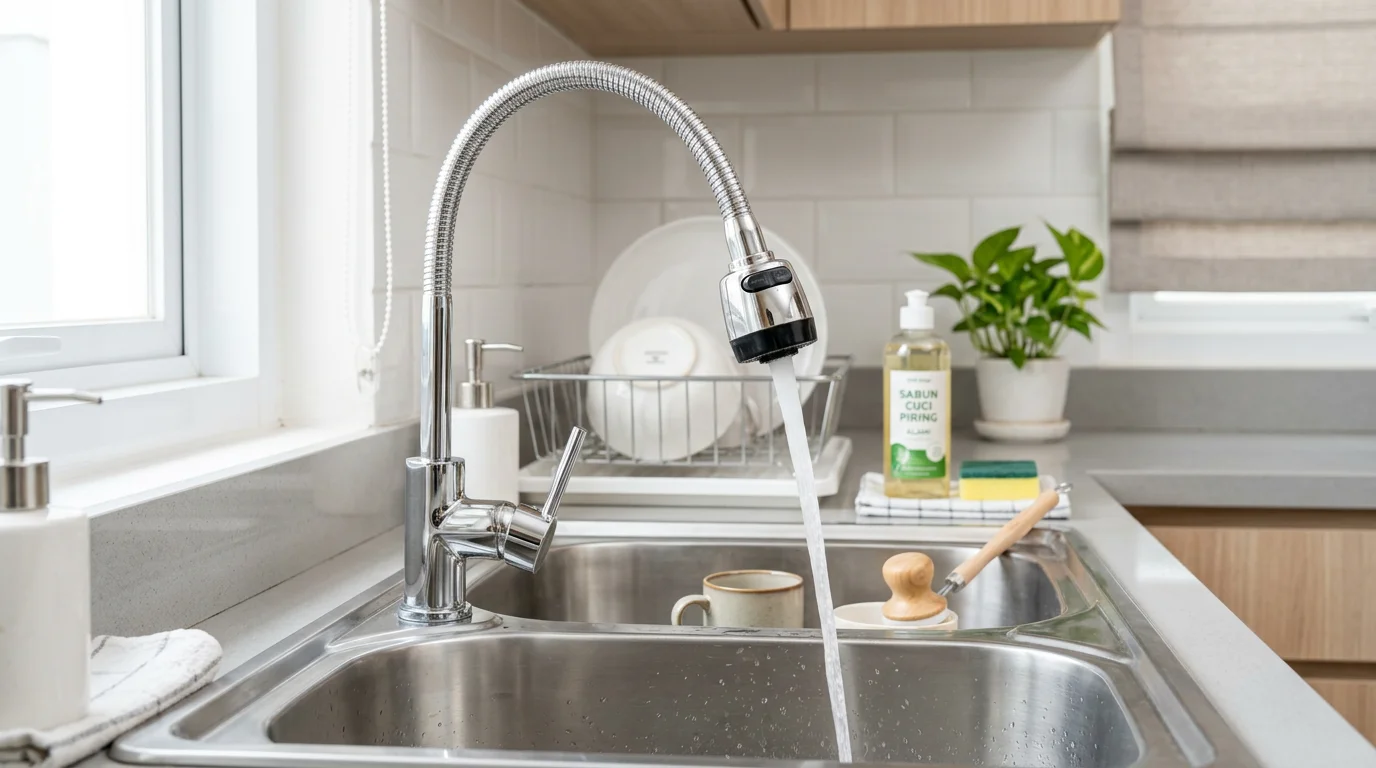 Keran air fleksibel modern di dapur dengan leher lentur yang bisa ditarik dan diputar