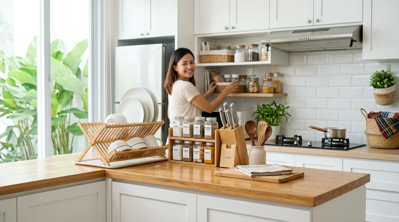 Dapur minimalis bergaya Jepang yang rapi dengan peralatan tertata sistematis di atas meja dan rak dinding