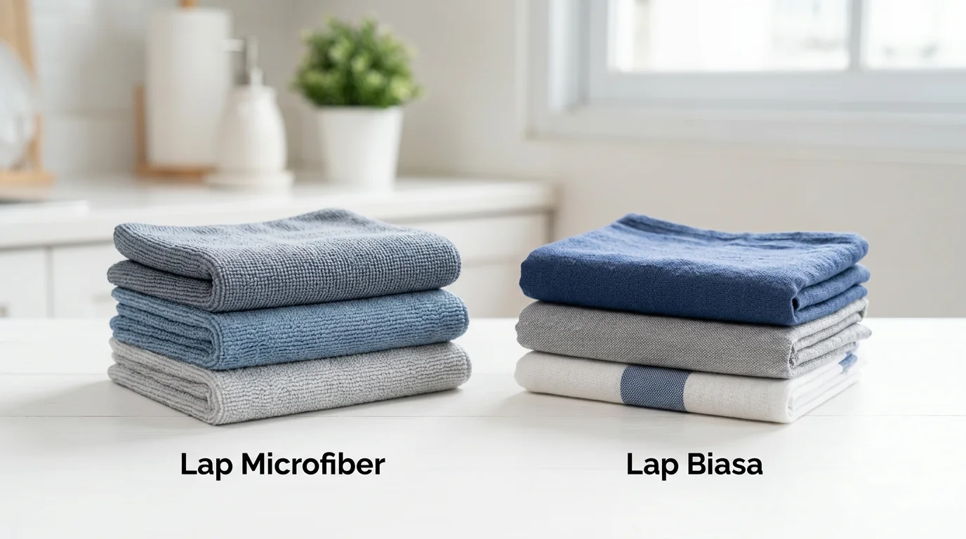 Perbandingan visual lap microfiber dan lap biasa (katun) secara berdampingan