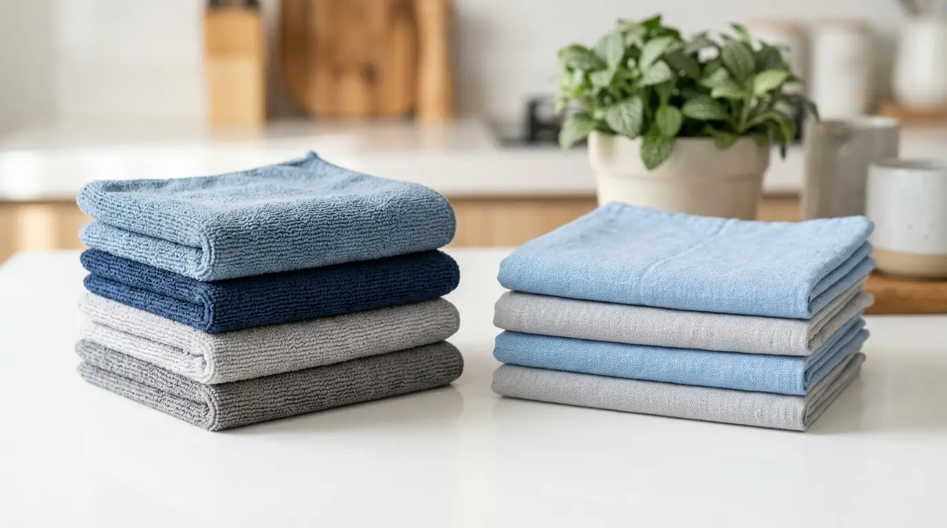 Perbandingan lap microfiber dan lap biasa secara berdampingan untuk menunjukkan perbedaan tekstur dan kualitas serat