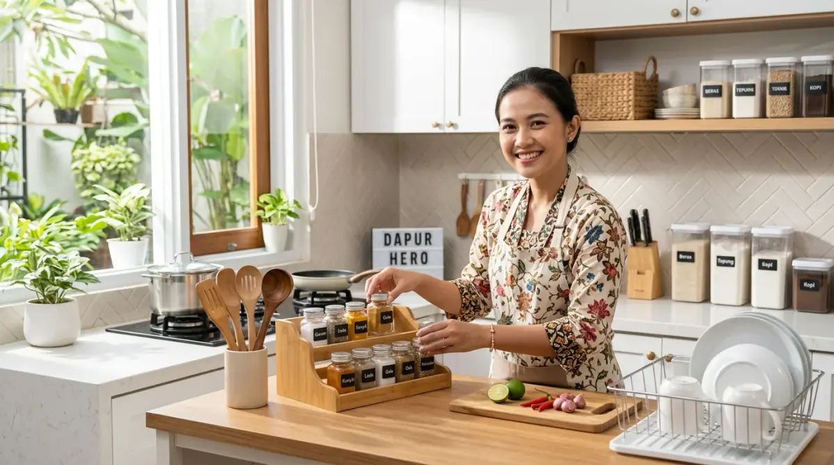 Dapur rumahan yang rapi dan bersih dengan berbagai alat dapur modern tertata di atas meja