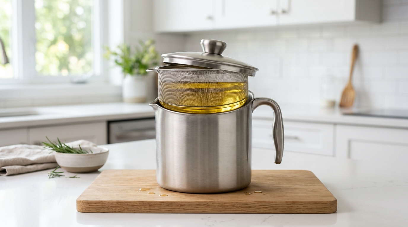 Oil pot saringan: wadah praktis untuk menyaring dan menyimpan minyak goreng bekas agar tetap bersih