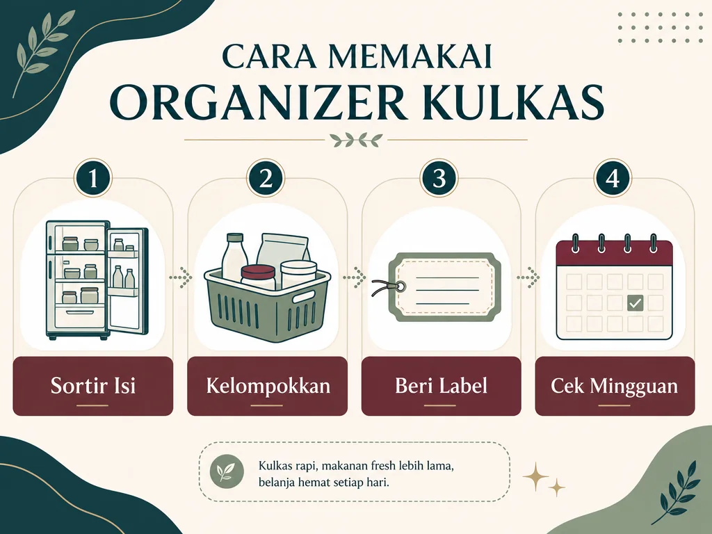 Cara memakai organizer kulkas dengan sortir isi, kelompokkan, beri label, dan cek mingguan