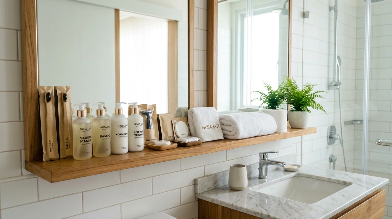 Peralatan mandi ala hotel lengkap tertata rapi di kamar mandi modern