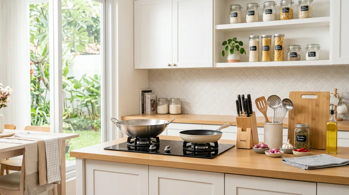 Koleksi peralatan masak untuk pemula lengkap termasuk wajan panci pisau dan spatula di atas meja dapur