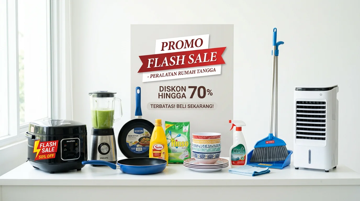 Peralatan rumah tangga promo flash sale dengan diskon besar untuk kebutuhan dapur dan rumah
