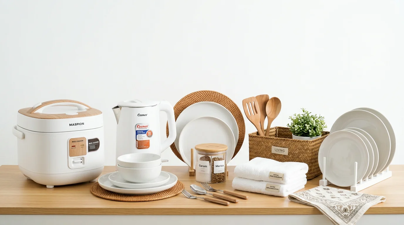 Perlengkapan rumah baru lengkap tertata rapi di berbagai ruangan rumah minimalis modern