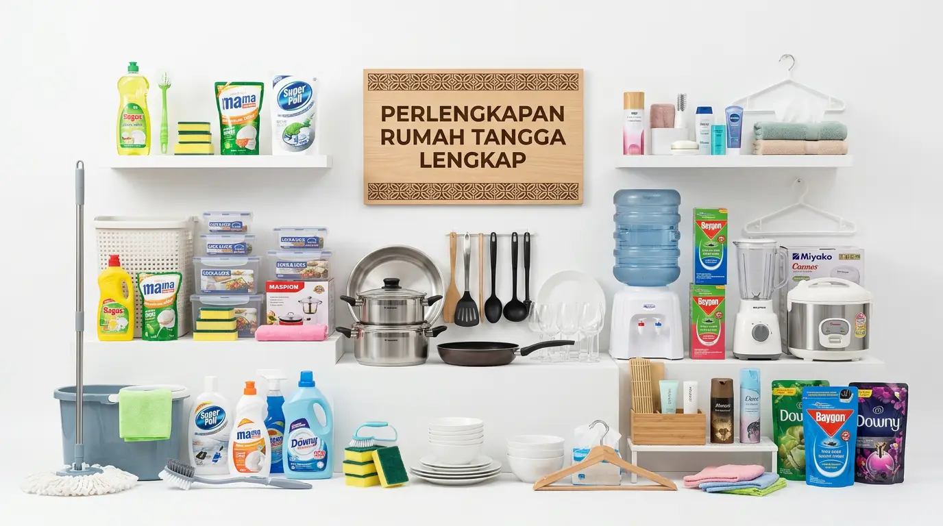 Perlengkapan rumah tangga lengkap untuk rumah baru yang tertata rapi