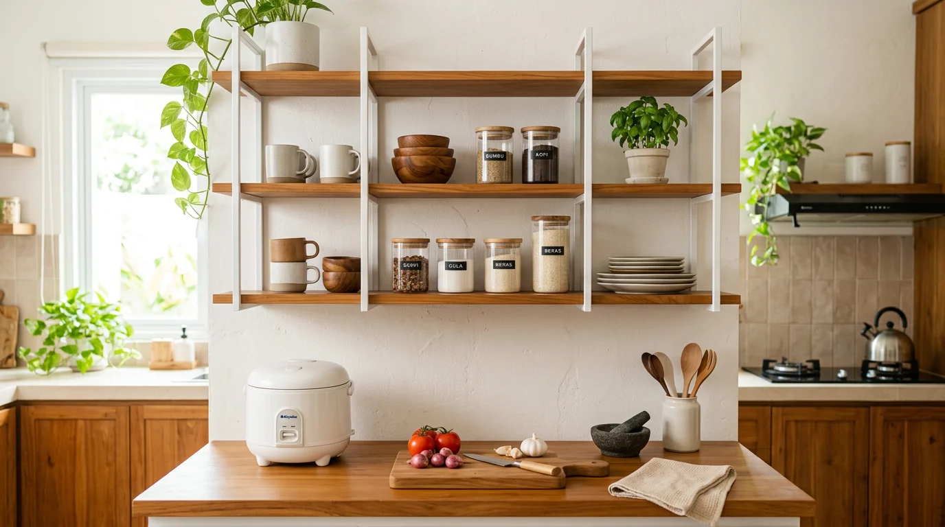 Rak dapur minimalis modern tertata rapi dengan peralatan masak dan bumbu dapur di dapur kecil