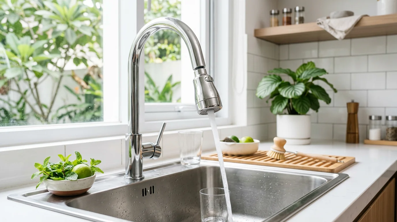Sambungan keran dapur modern terpasang rapi di wastafel dapur dengan aliran air jernih