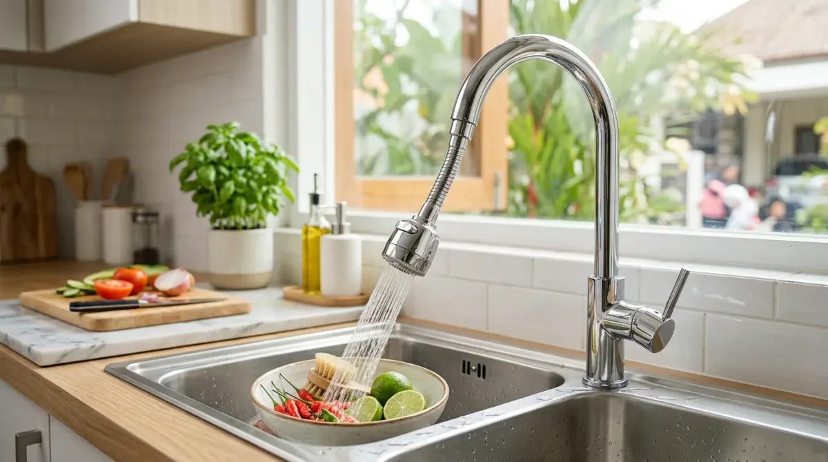 Sambungan keran fleksibel stainless steel untuk instalasi dapur dan kamar mandi modern