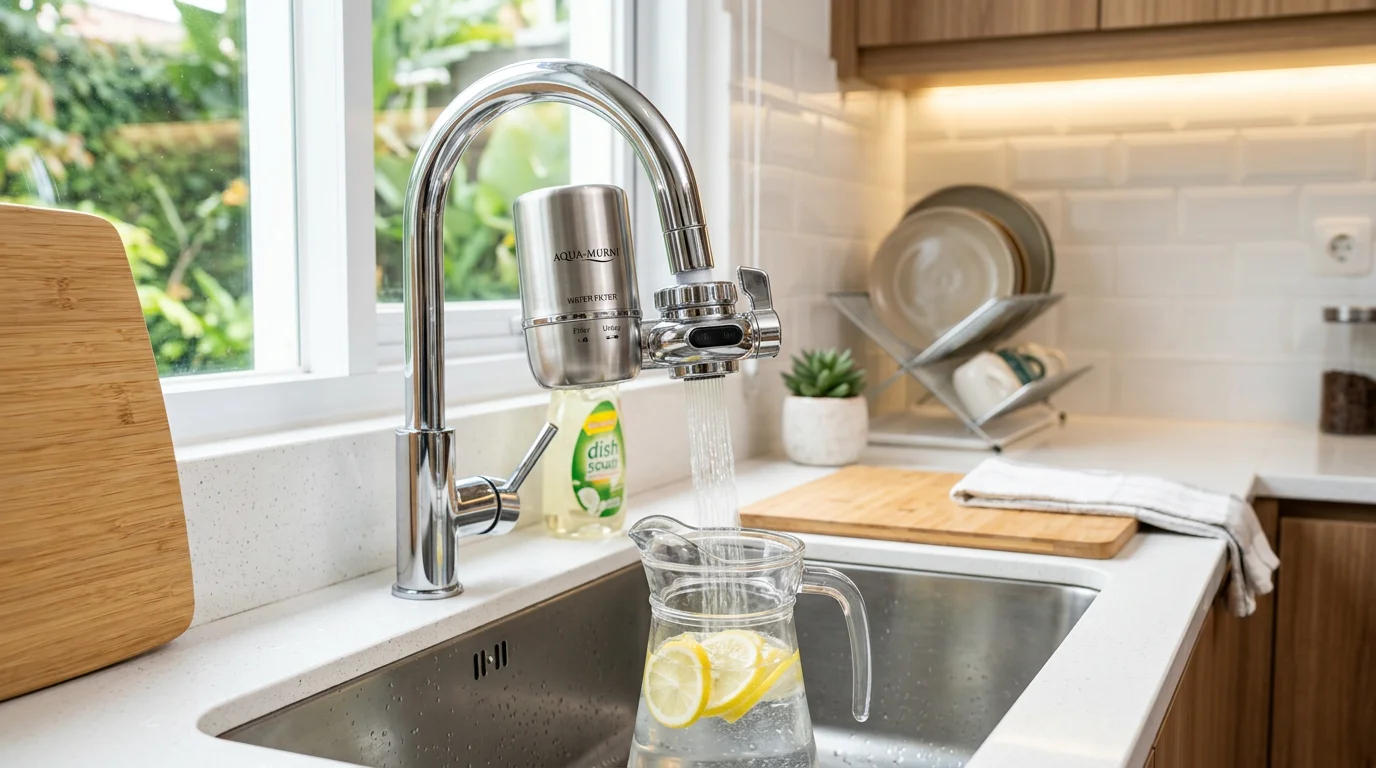 Saringan air keran terpasang pada keran dapur untuk menyaring air bersih langsung dari keran