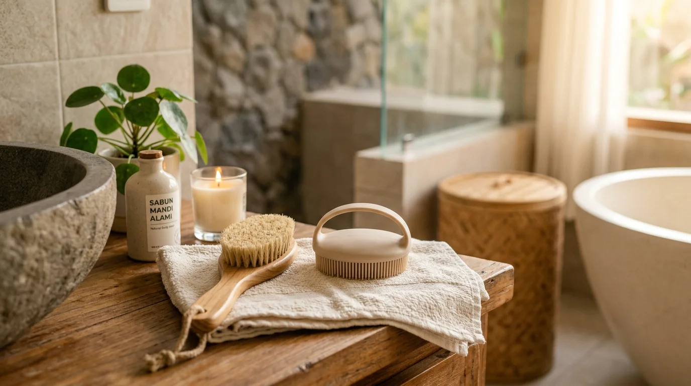 Ilustrasi perbandingan sikat mandi silikon dengan sikat bulu tradisional, menyoroti keunggulan silikon