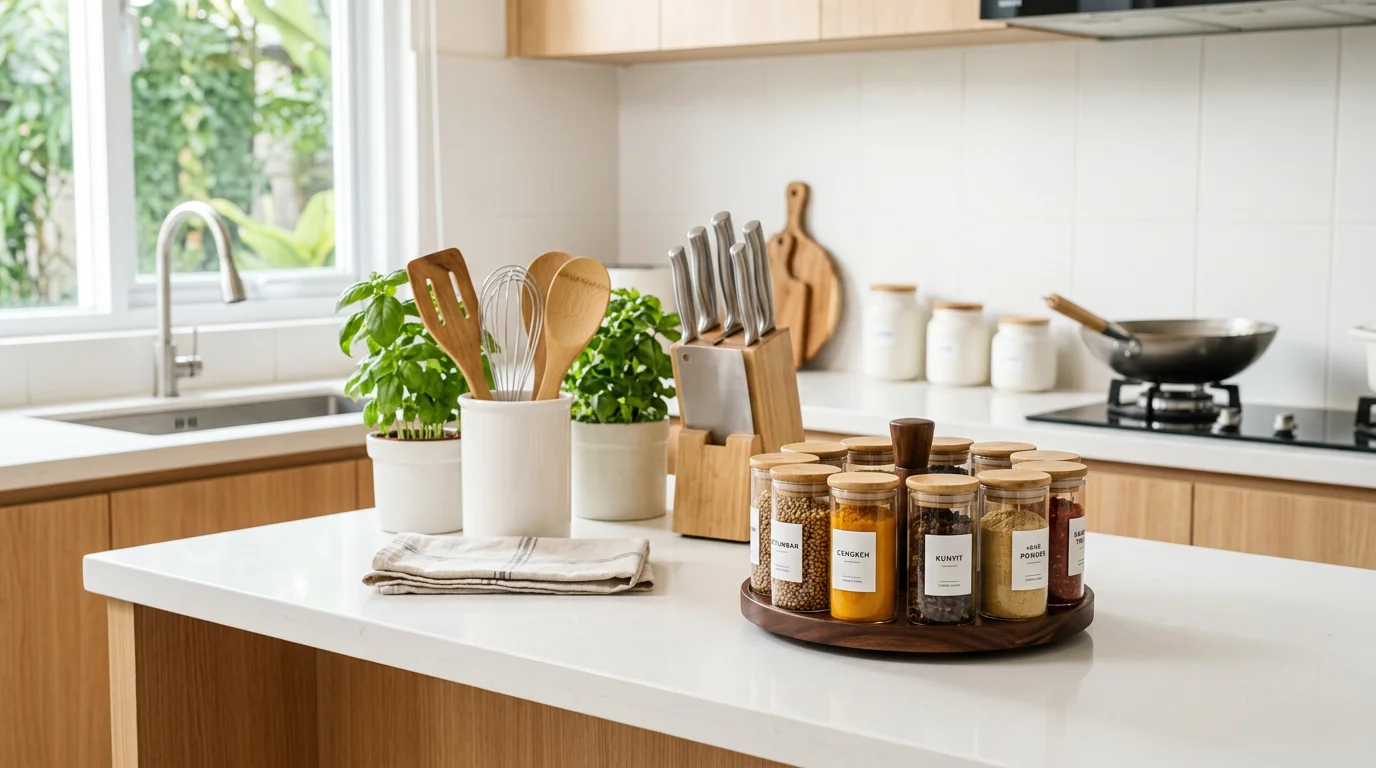 Tempat bumbu dapur putar 360 derajat berisi berbagai botol rempah tertata rapi di atas meja dapur modern