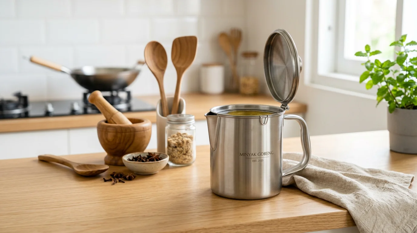 Tempat minyak dapur aesthetic dengan desain minimalis di atas meja dapur modern