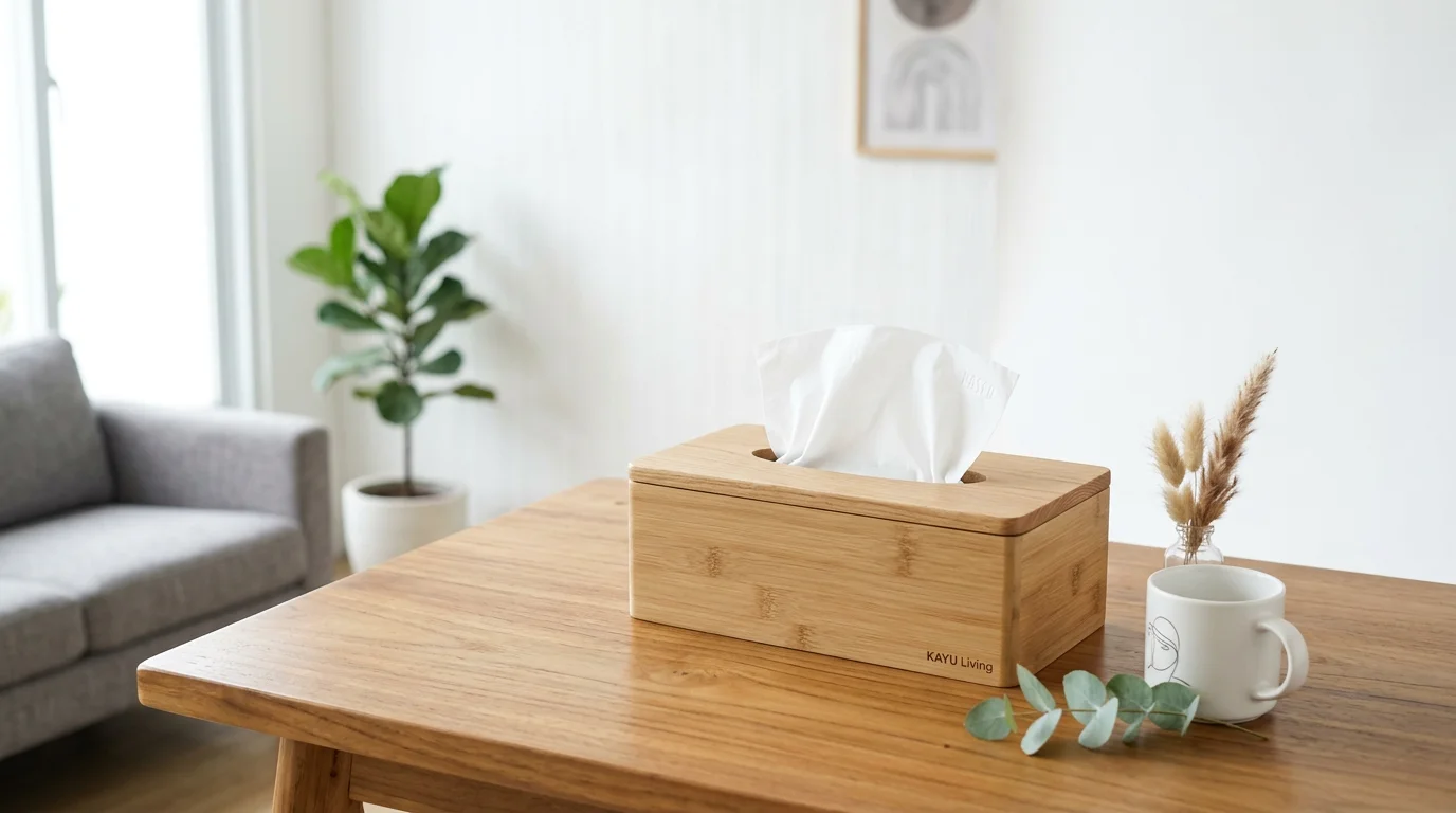 Tempat tissue minimalis dari kayu dan rotan sebagai dekorasi ruang tamu