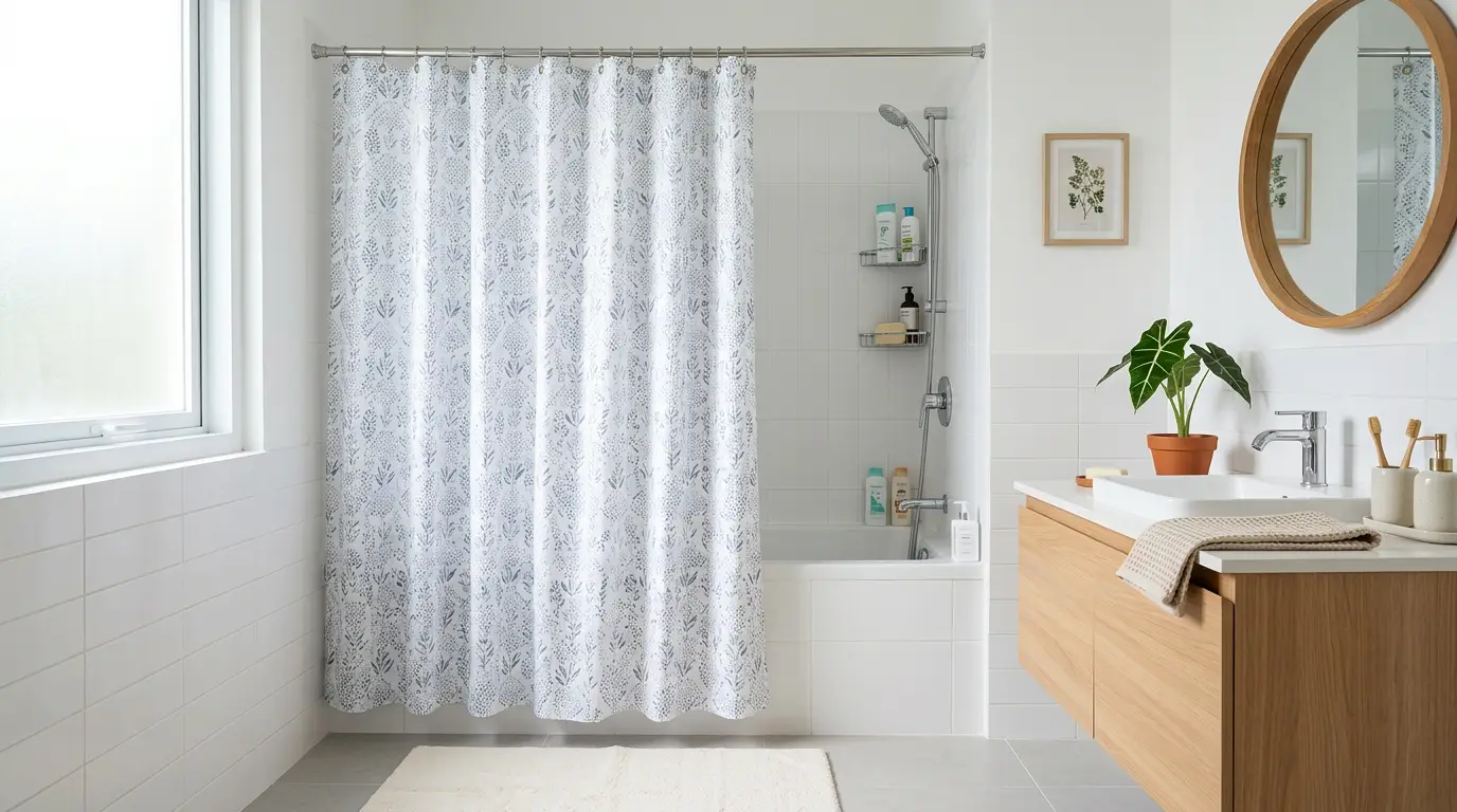 Tirai kamar mandi waterproof bermotif tropical dengan daun-daun hijau cerah terpasang di shower kamar mandi modern berwarna putih bersih