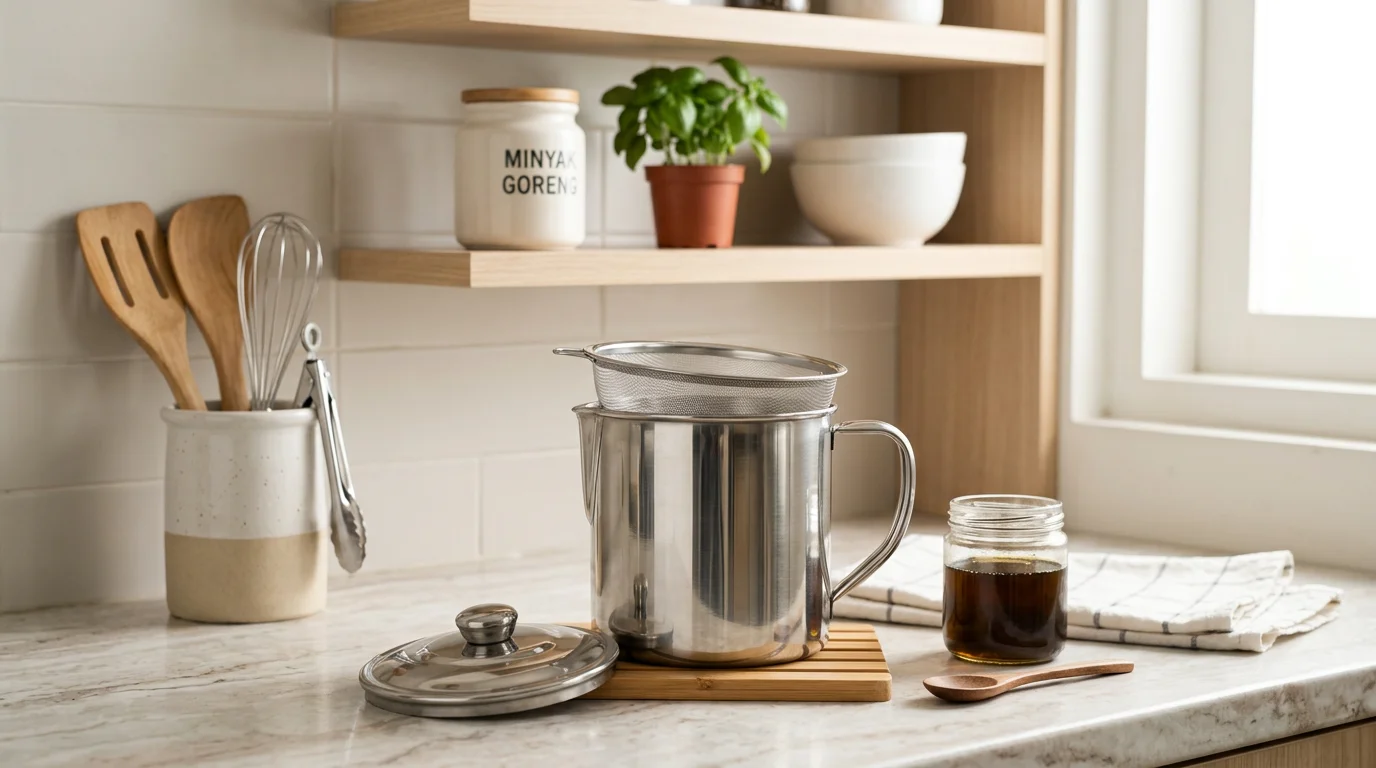 Wadah minyak goreng bekas dengan saringan di atas meja dapur bersih